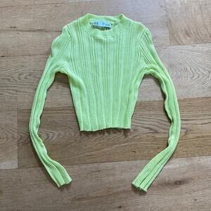 Zara Ribbed Knit Crew Neck Long Sleeve Sweater in Lime Green